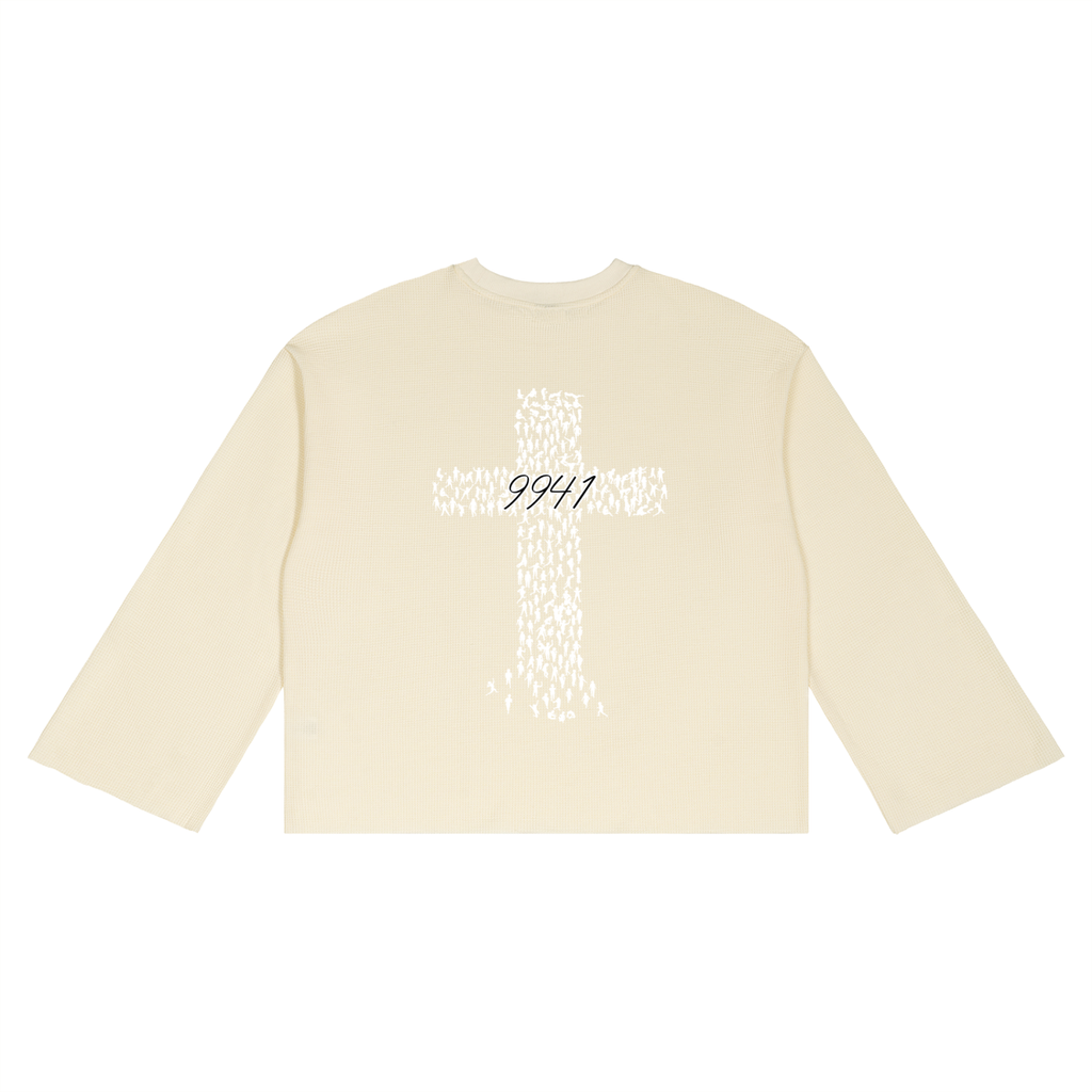 “9941”  Waffle Raw Edge  Long Sleeve Shirt